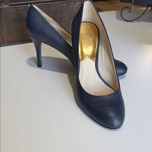 MICHAEL Michael Kors Navy Leather Pointed Pump with Gold Insole